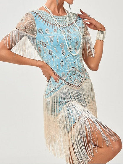 A-Line/Princess Jewel Neck Short Sleeve Knee-Length Vintage Dress with Tassel Fringe & Sequins