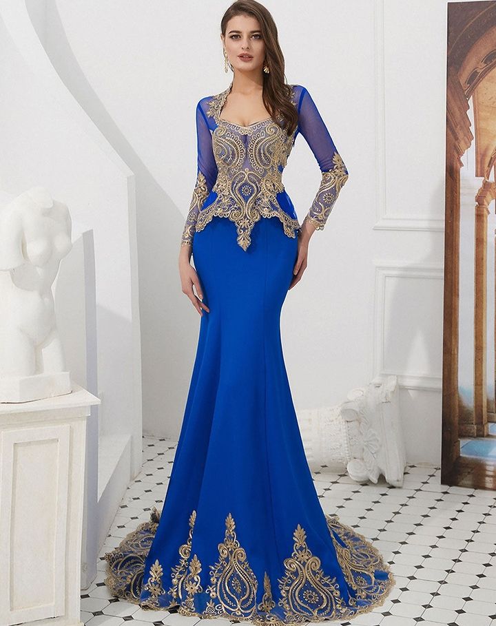 edgynewlook Amazing Long Sleeves Mermaid Prom Dress With Gold Appliques Cape