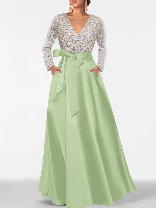 A-Line/Princess V-Neck Long Sleeves Floor-Length Mother of the Bride Dresses With Pocket & Sequins