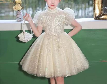 Short Sleeves Knee-Length Princess Flower Girl Lace Party Dress with Crystal Appliques