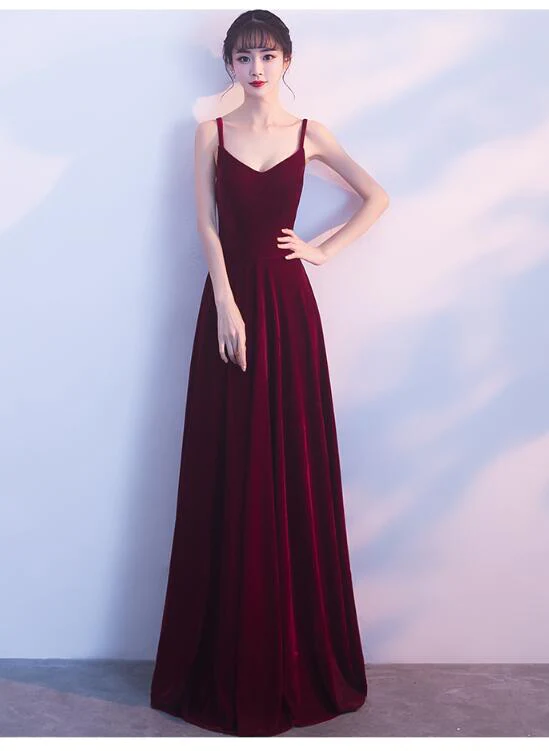 Wine Red Straps Velvet Long Bridesmaid Dress Party Dress gh549