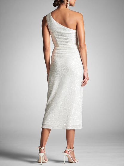 Sheath/Column One Shoulder Tea-Length Homecoming Dresses