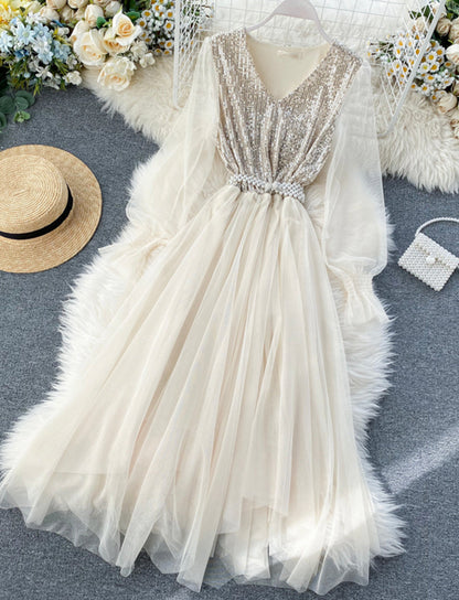 Cute v neck tulle sequins dress girl dress  1318