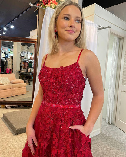 Shana | Cute A Line Scoop Neck Red Lace Prom Dresses with Beading