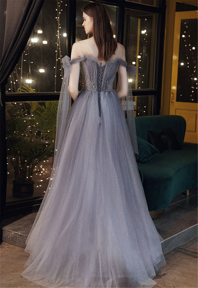 Gray Blue Prom Dress Stunning Glitter Tulle Bridesmaid Dress Long Tulle Sleeves Graduation Dress Illusion Evening Dress Floor Length gh2232