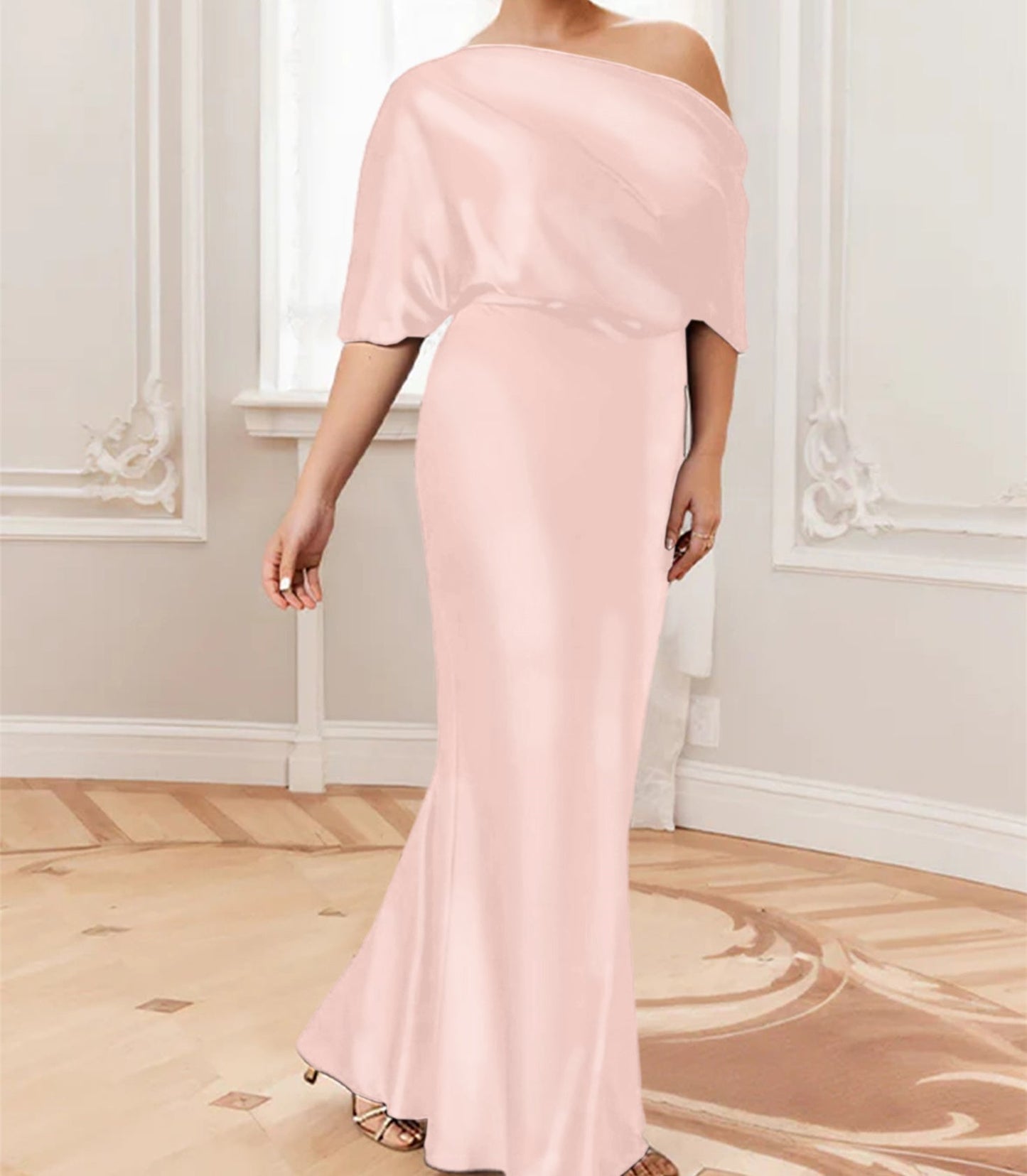 Sheath/Column One-Shoulder Half Sleeves Floor-Length Plus Size Mother of the Bride Dresses