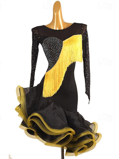 Latin Dance Dress Tassel Crystals/Rhinestones Women's Performance  Long Sleeve Spandex Organza