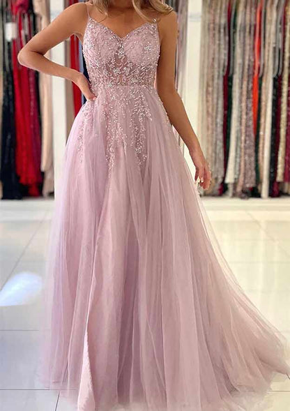 A-Line/Princess V-Neck Spaghetti Straps Long Prom Dresses With Split Side