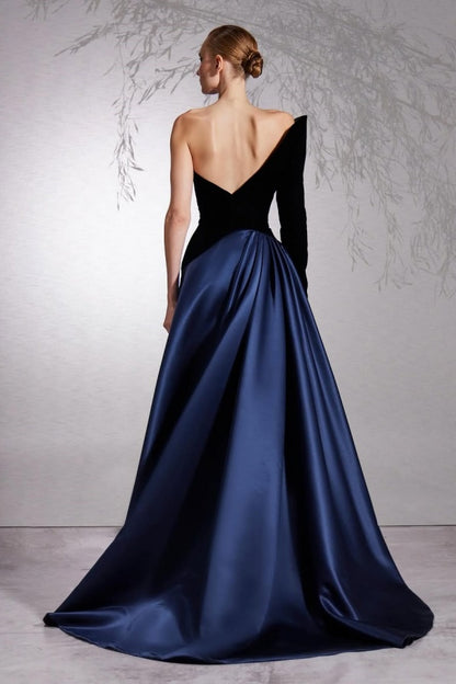 Black Dark Navy One Sleeve Strapless Prom Dress ZT0465