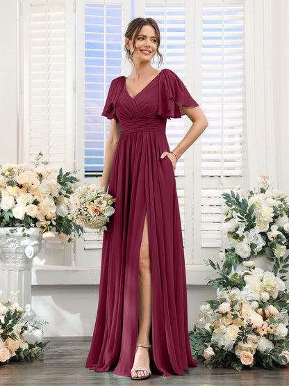 A-Line/Princess V-Neck Short Sleeves Chiffon Bridesmaid Dresses with Split Side & Pockets