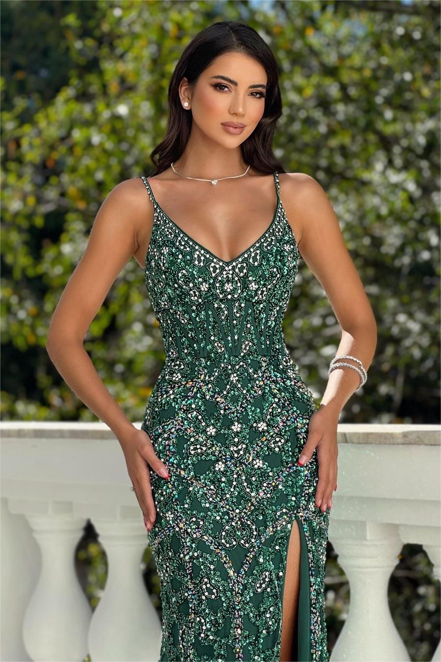 edgynewlook Glamorous Dark Green Sequins Spaghetti Strap Sleeveless Split Prom Dress with Beadings