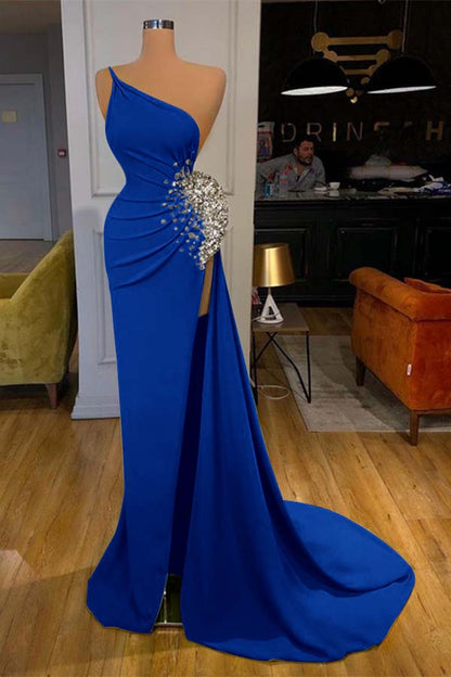 Green One-Shoulder Sleeveless Beadings Mermaid Prom Dress Split ED0025