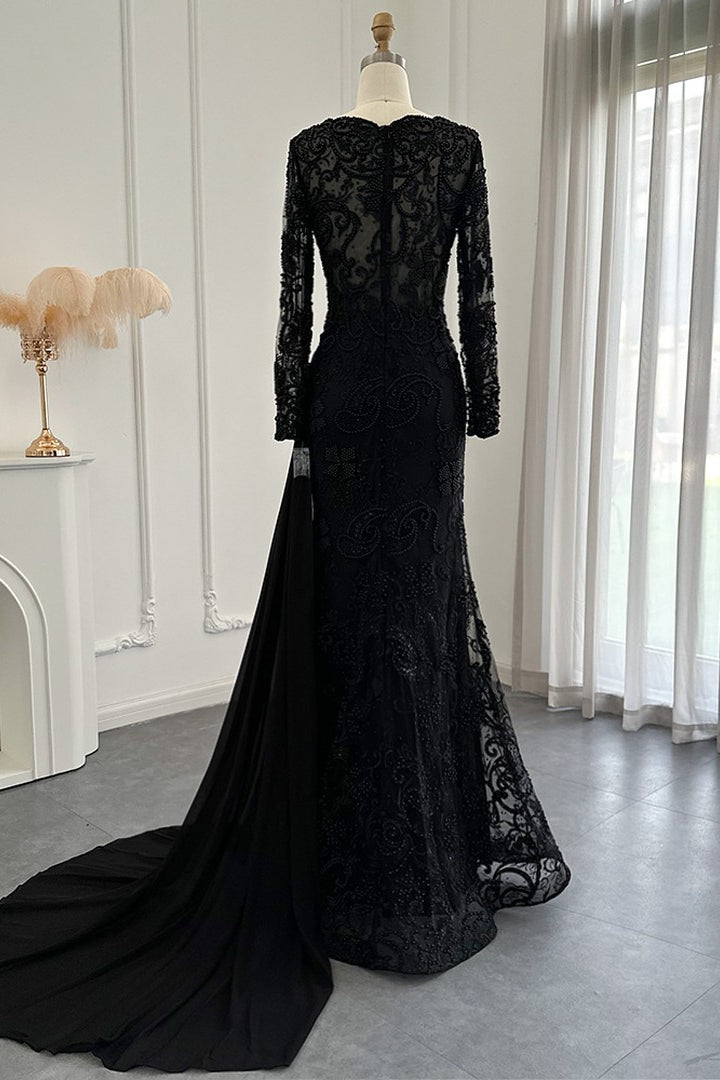 Edgynewlook Black V Neck Mermaid Prom Dress Long Sleeves With Appliques Ruffles