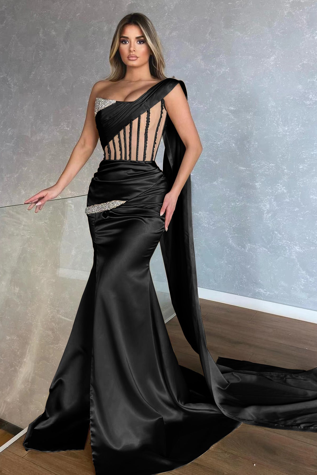 Amazing Champagne One Shoulder Sleeveless Mermaid Prom Dress With Slit Ruffles ED0441