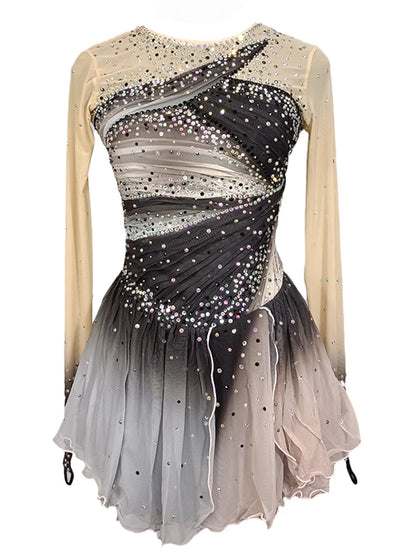 Figure Skating Dress Women's Girls' Ice Skating Dress Grey Patchwork Thumbhole Mesh Spandex Stretchy Training Practice Professional Skating Wear Crystal / Rhinestone Long Sleeve Figure Skating