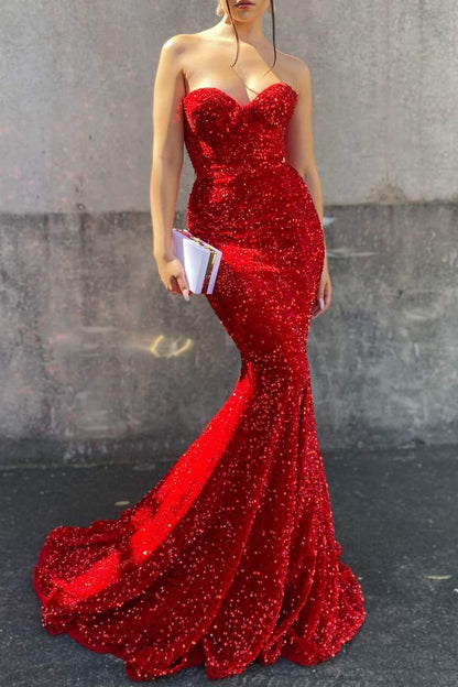 Red Sweetheart Long Mermaid Prom Dress With Sequins  PD0865