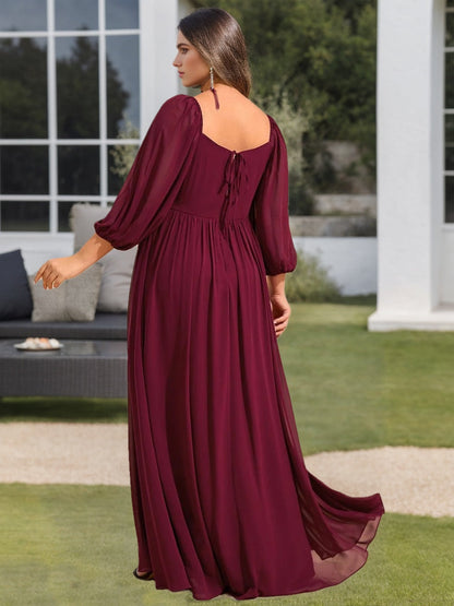 A-Line/Princess V-Neck 3/4 Length Sleeves Floor-Length Plus Size Bridesmaid Dresses With Ruffles