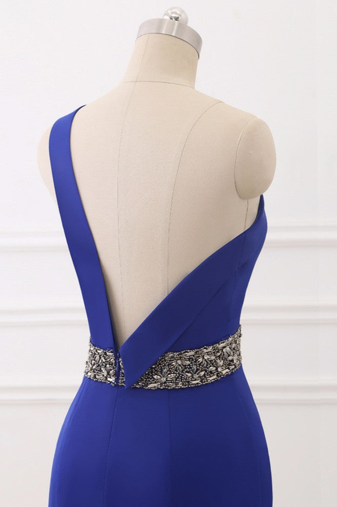 Okdais Royal Blue Prom Dress One Shoulder Mermaid Long Backless Dress With Beads ZP0074