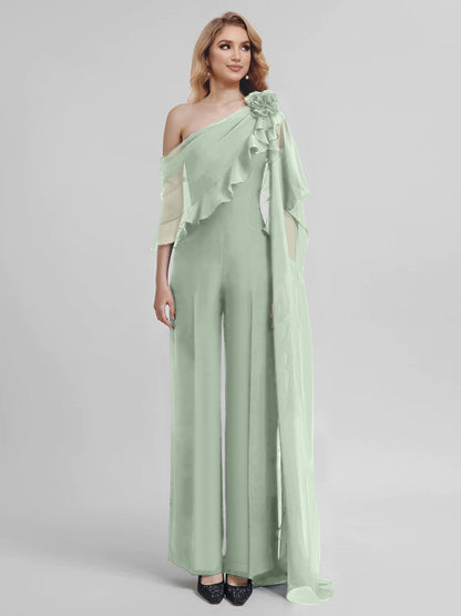 Jumpsuits One-Shoulder Half Sleeves Chiffon Mother Of The Bride Pantsuits