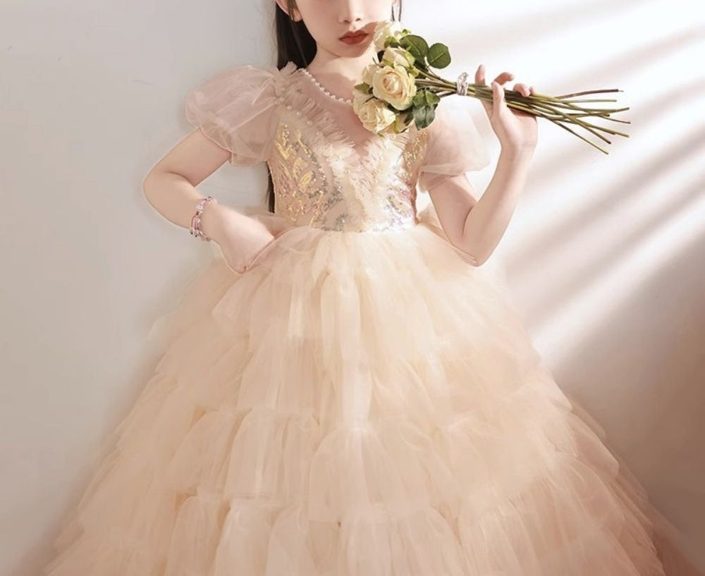 Ball Gown Short Sleeves Layered Girl Party Dresses with Rhinestone Appliques