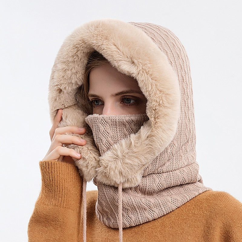 Women's High Quality Winter Hooded Knitted Cashmere Neck Warm Outdoor Ski Windproof Hat Thick Plush Fur Cap Mask Set