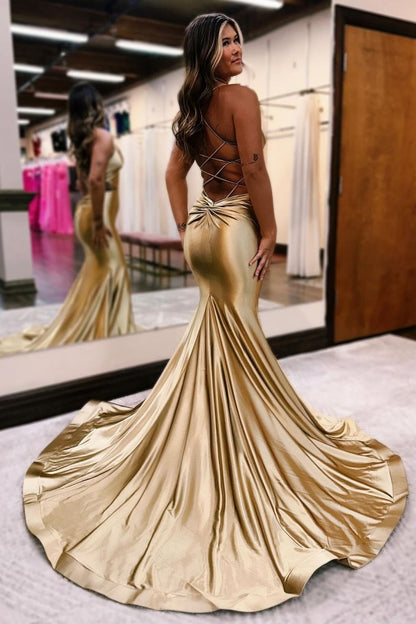 Glamorous Golden Prom Dress V Neck Mermaid Sleeveless Backless YH0008