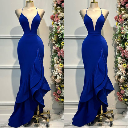 Royal Blue V-Neck Ruffles Backless Prom Dress ZT0461