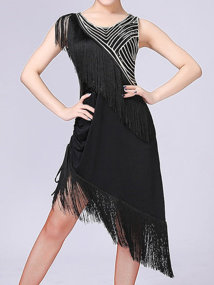 Women's Dancewear Latin Dance Dress Tassel Pure Color Splicing Performance Training Sleeveless