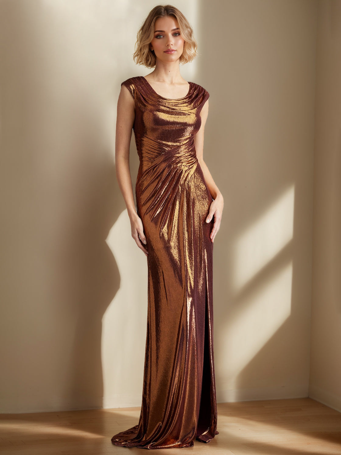 Trumpet/Mermaid Scoop Neck Sleeveless Floor-Length Mother of the Bride long Dresses with Ruffles & Split Side