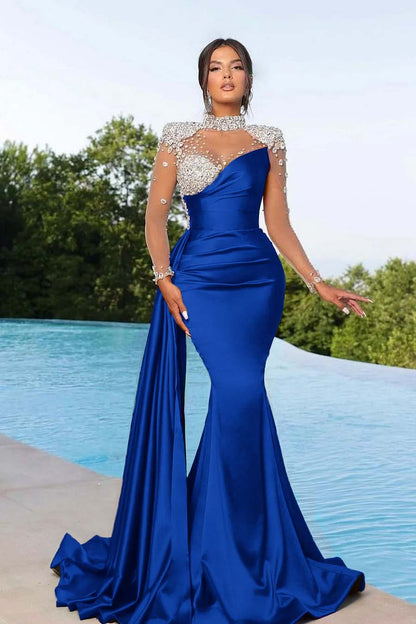 Prom Dress Long Mermaid Satin With Trail Beadings Long Sleeves Purple YL0236