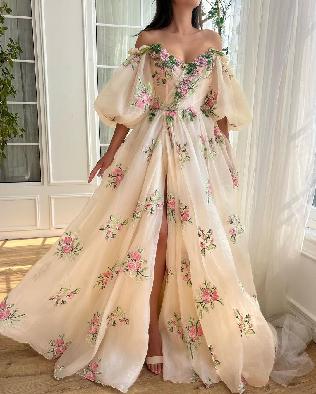 Elegant Off-The-Shoulder Floral Embroidered Split Prom Dress With Puff Sleeves ZT0144