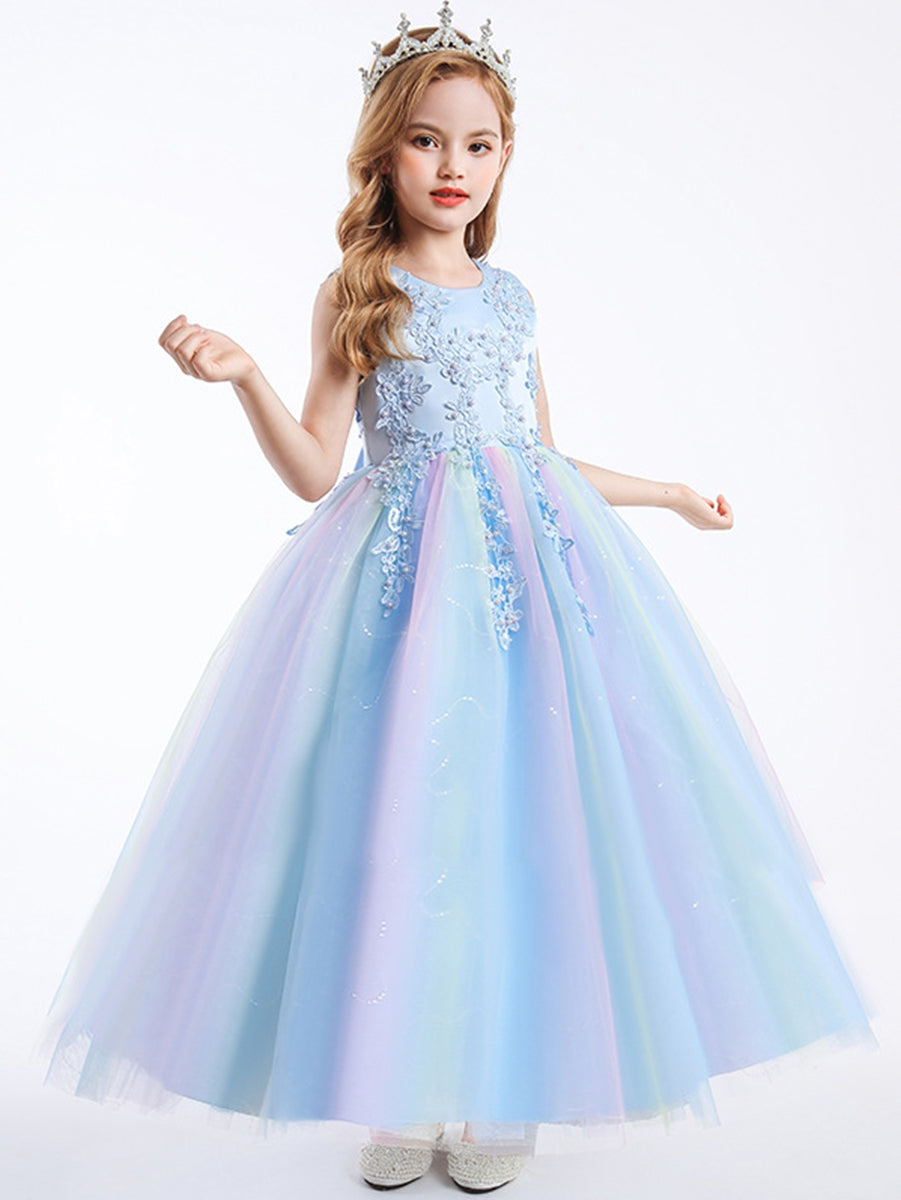 A-Line/Princess Scoop Neck Sleeveless Tulle Flower Girl Dress with Lace Appliques & Ruffles