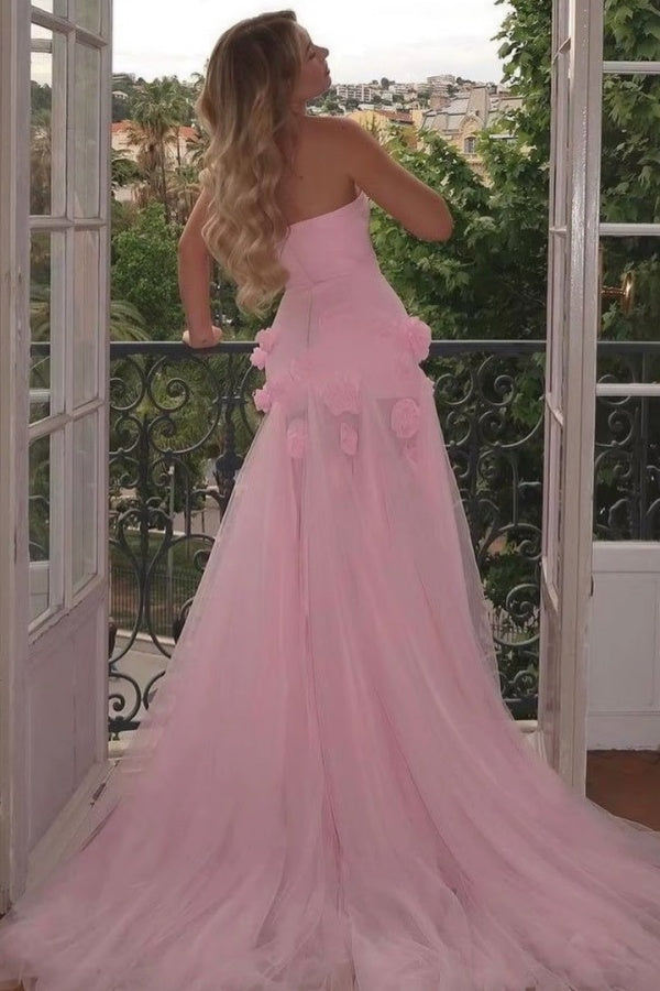 Sweet Candy Pink Split Handmade Flowers Strapless Prom Dress ZT0626