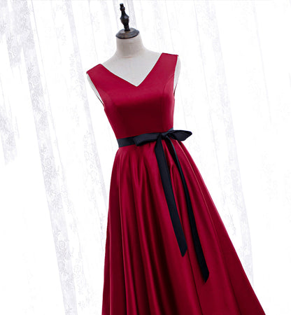 Burgundy v neck satin prom dress homecoming dress  8394