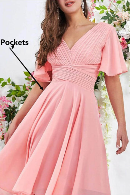 Women V Neck Homecoming Dress Short Sleeve Prom Dress With Pocket NB216