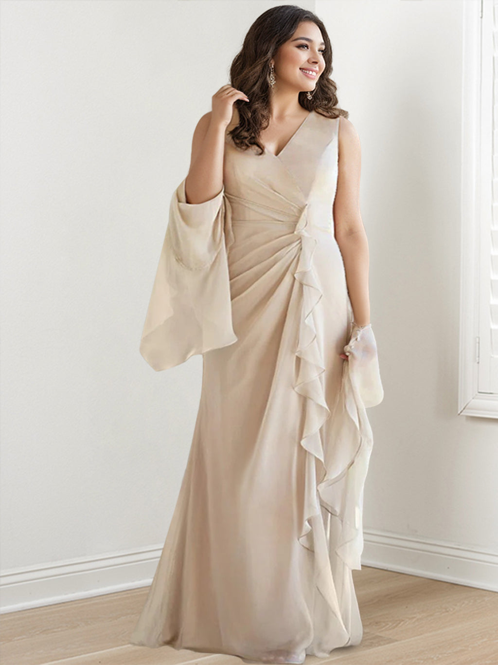 Sheath/Column V-Neck Sleeveless Floor-Length Plus Size Mother of the Bride Dresses with Wraps & Ruffles