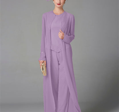 Chiffon Long Sleeves Mother of the Bride Pantsuits with Jacket & Sequins