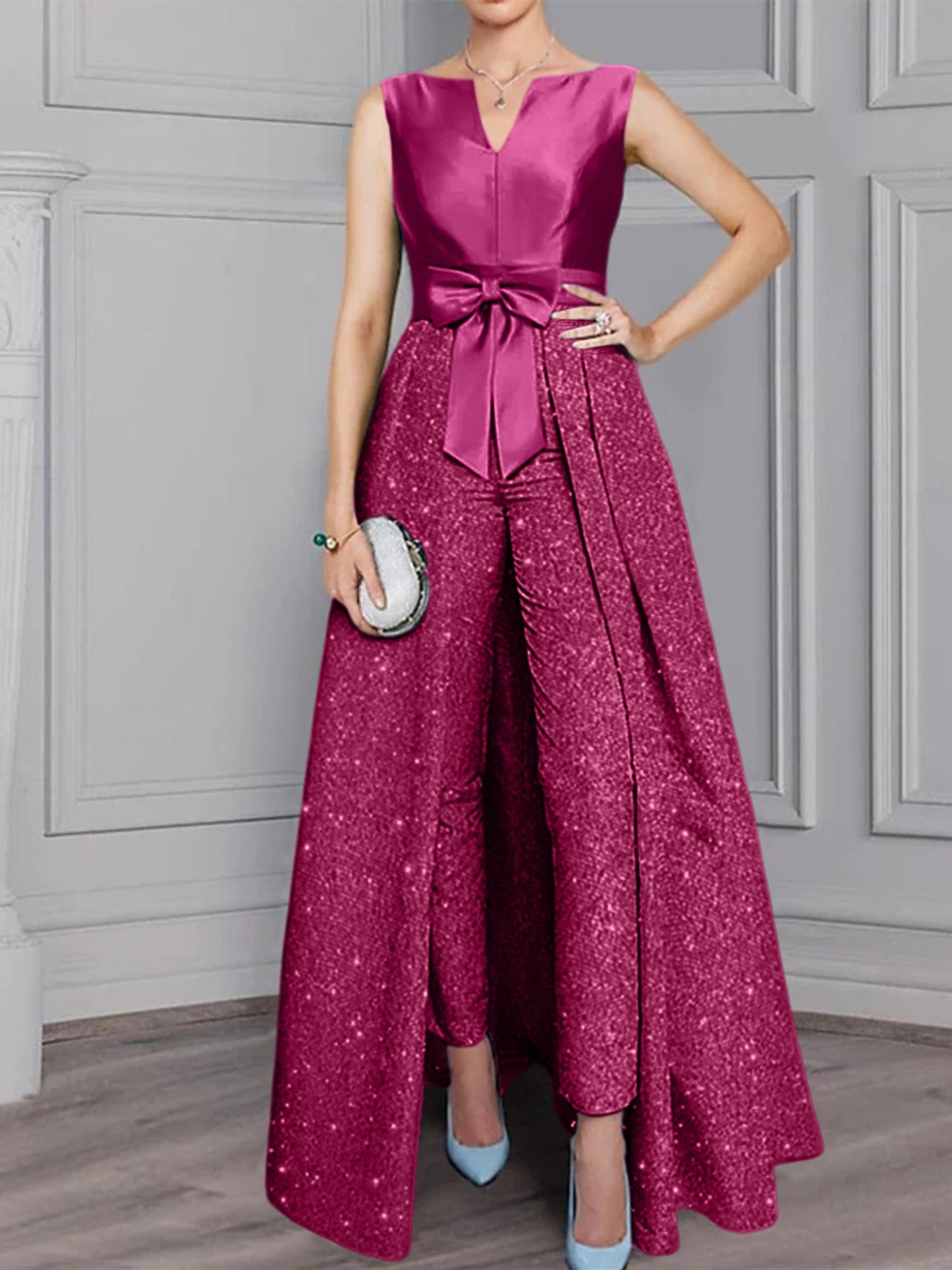 2 Pieces Scoop Long Sleeves Mother of the Bride Pantsuits with Sash & Sequins