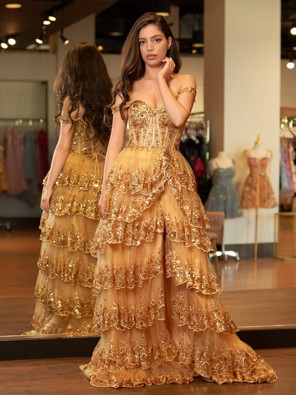 Gold Princess A Line Off the Shoulder Corset Prom Dress with Lace Ruffles