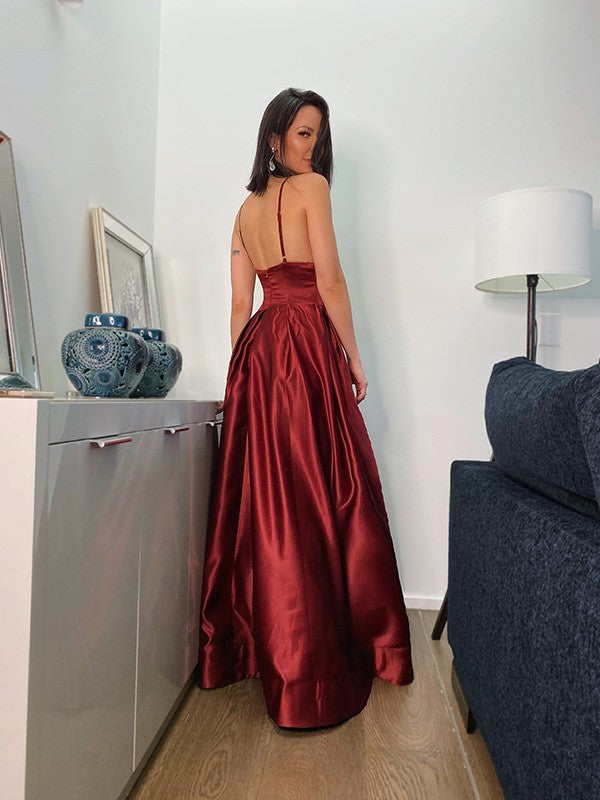 Burgundy Spaghetti-Straps Prom Dress With Slit PD0225