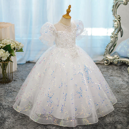 Beading Round Neck Ball Gown Short Sleeves Girl Party Dress with Crystal Appliques