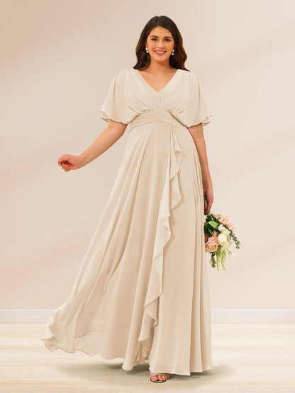 A-Line/Princess V-Neck Short Sleeves Plus Size Bridesmaid Dresses with Pockets