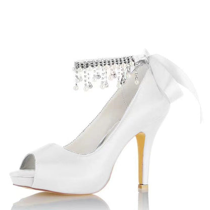 Women's Wedding Shoes Imitation Pearl High Heel Peep Toe Bow Buckle Bridal Shoes