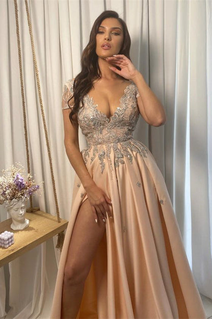 Champagne Lace V Neck Applique With Split Prom Dress ED0624