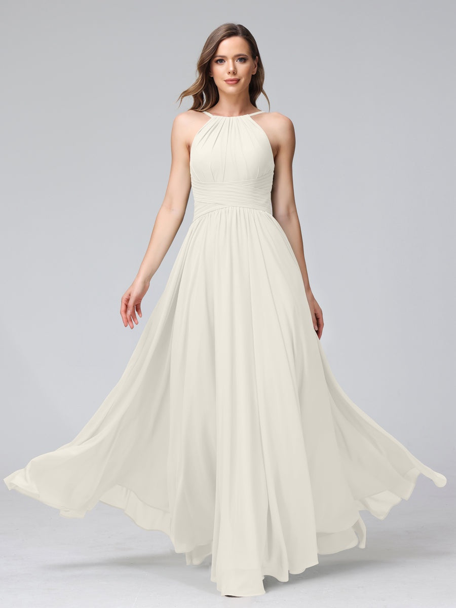 A-Line/Princess Halter Sleeveless Floor-Length Bridemaid Dresses with Ruffles