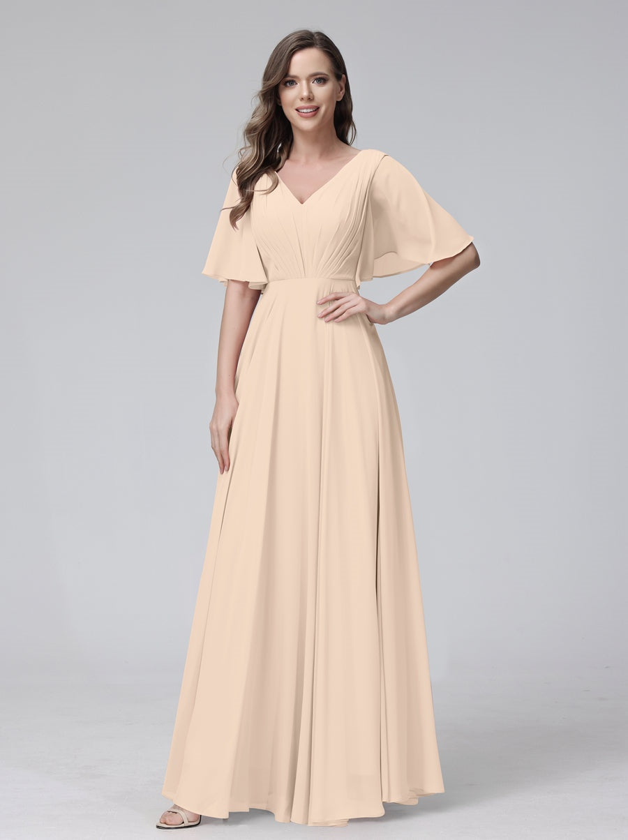 A-Line/Princess V-Neck Half Sleeves Floor-Length Bridemaid Dresses With Ruffles & Pockets