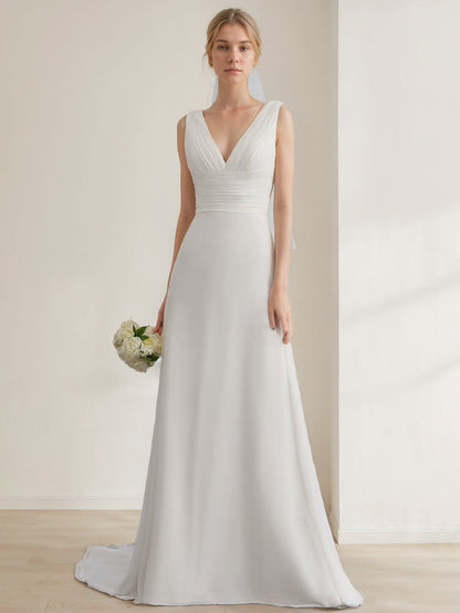 A-Line/Princess V-Neck Sleeveless Floor-Length Long Tulle Wedding Dress with Ruffles