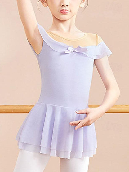 Kids' Dancewear Bowknot Ruffles Pure Color Short Sleeve Cotton Blend Girls' Performance