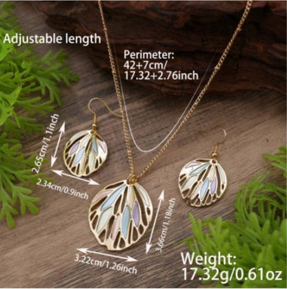 Stylish Elegant Enamel Leaf Earrings Necklace Two Pieces Jewelry Set