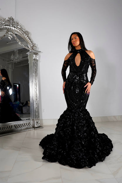 Black Prom Dress With Appliques Long Flowers Mermaid Half Sleeves Halter YL0135